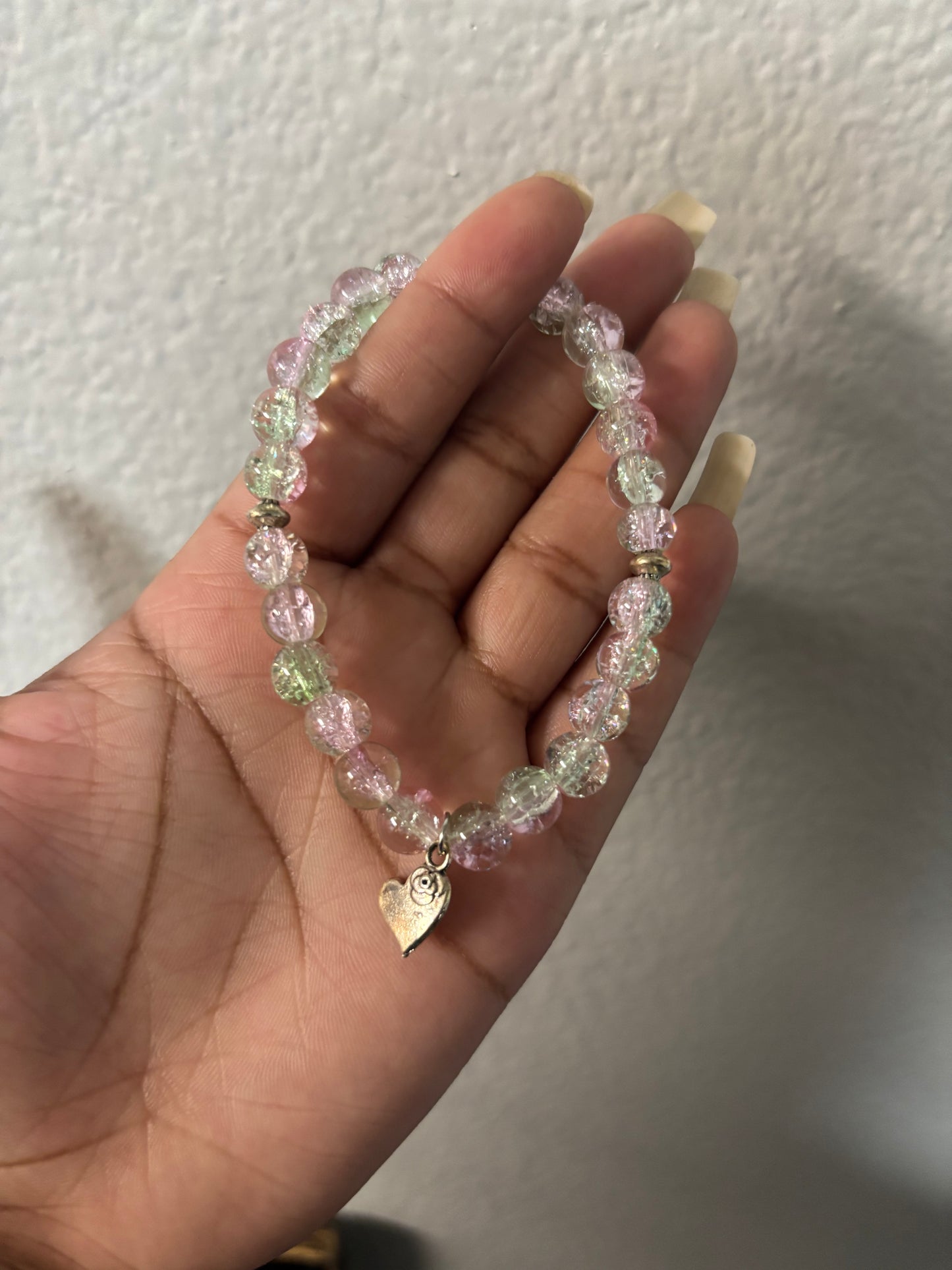 Heart Pink & Green Bead Bracelet